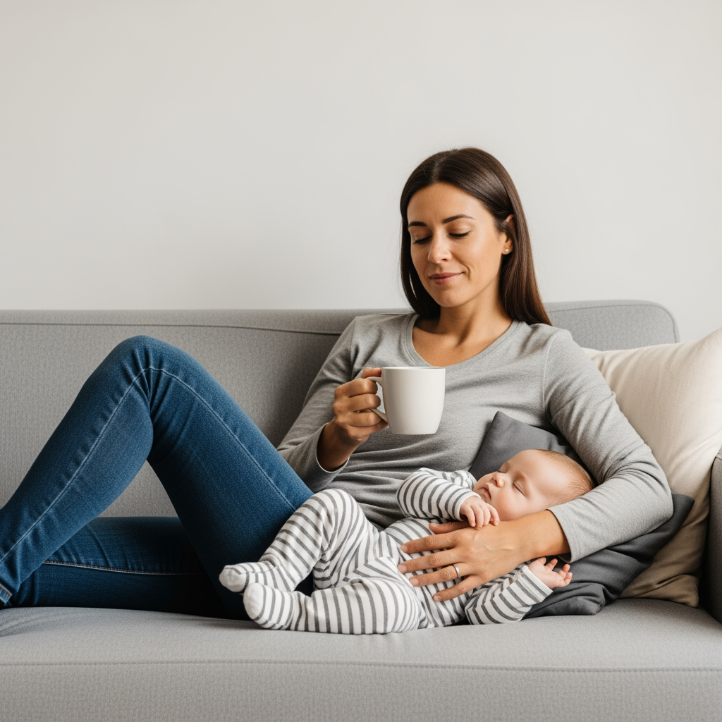 A parent relaxes on a couch in a quiet, spacious living room with a mug, enjoying a moment of peace.