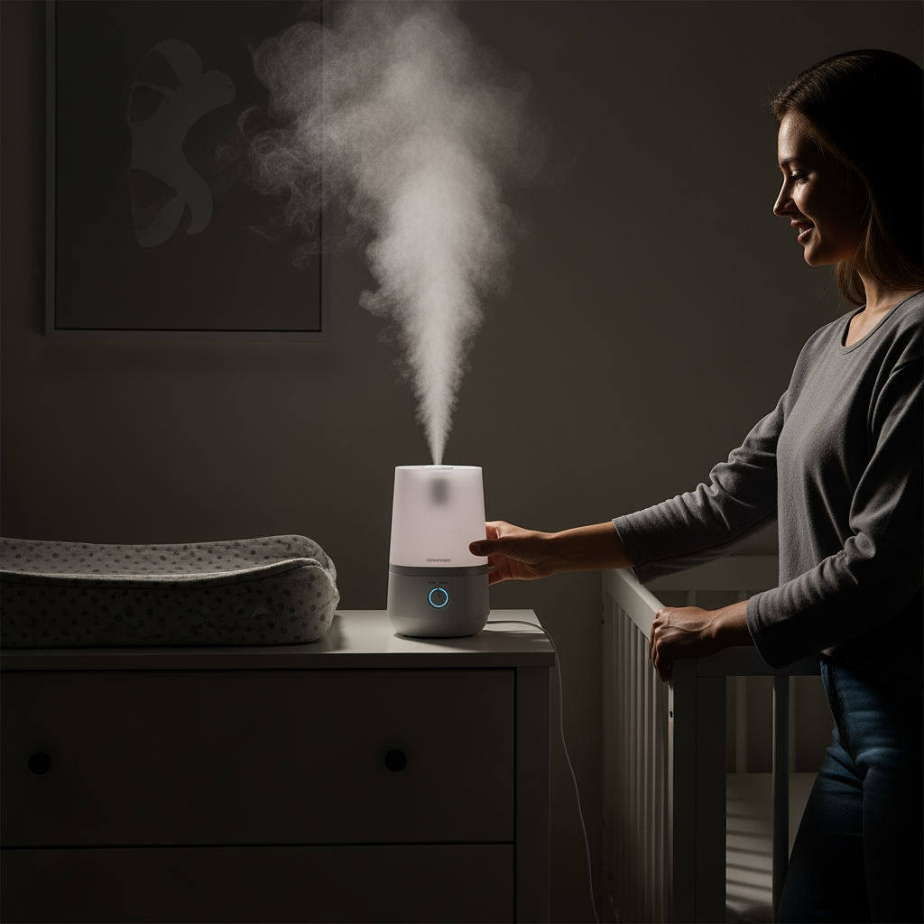 A parent sets up a cool-mist humidifier in a nursery, a soothing strategy to help a sick baby sleep.