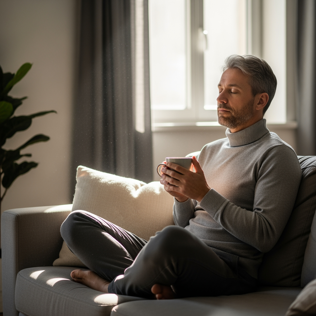 A parent sits alone with a mug, taking a quiet moment of rest, illustrating the importance of parental self-care.