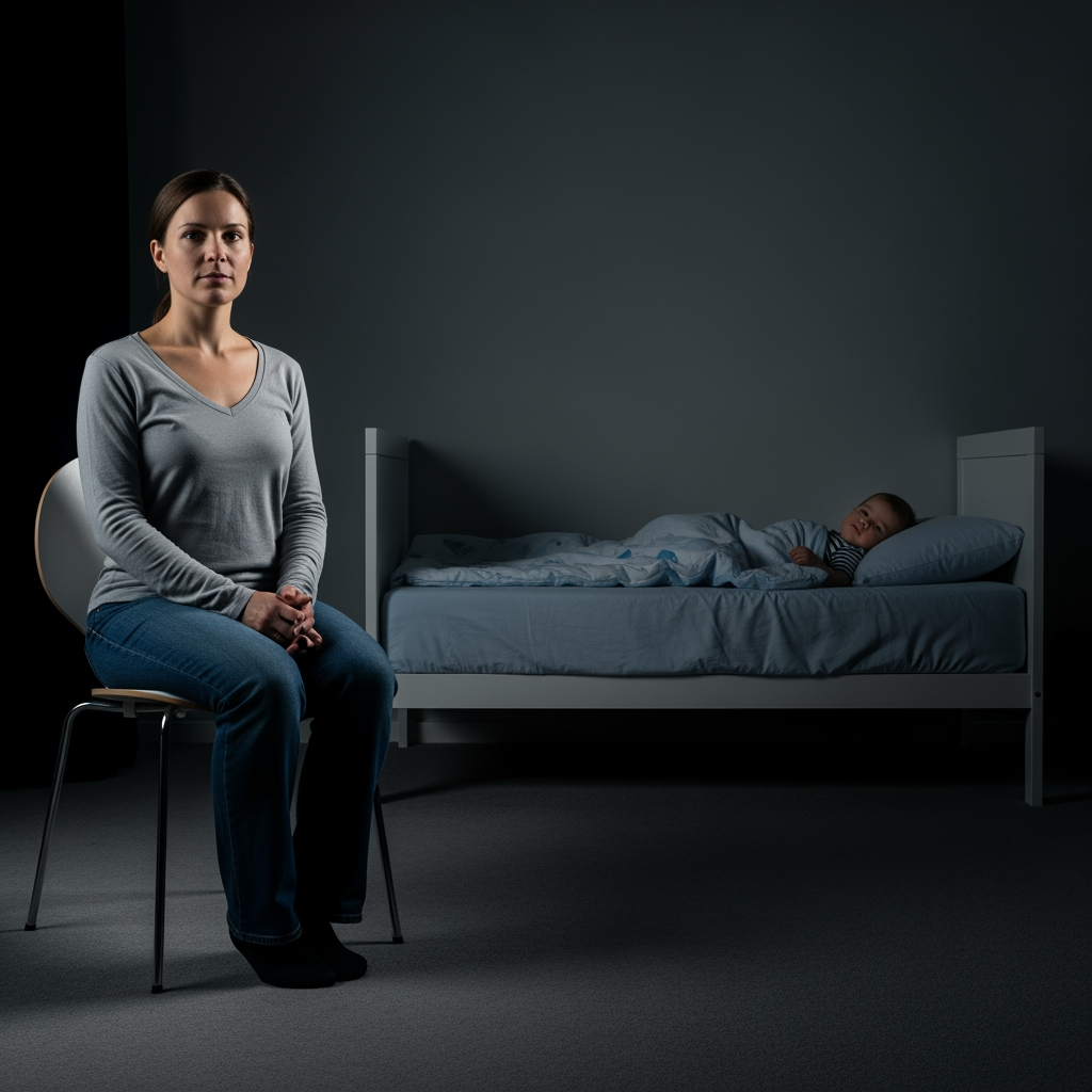 A parent sits calmly on a chair in their toddler's dimly lit room, demonstrating a strategy of being present but firm during bedtime.