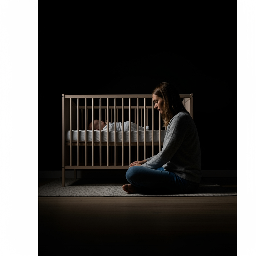 A parent sits calmly on the floor next to a baby's crib in a dark room at night.