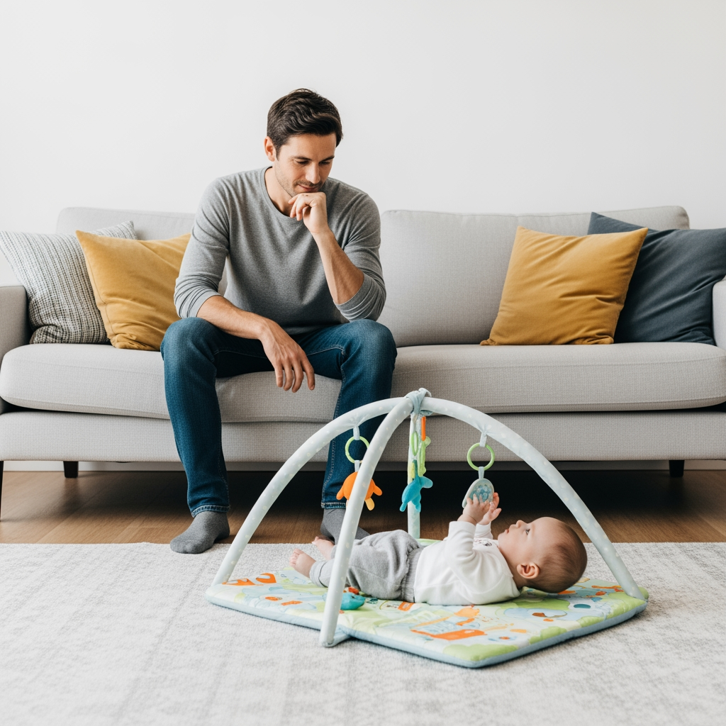 A parent sits on a sofa, attentively watching their baby who is on a play mat in a bright living room.