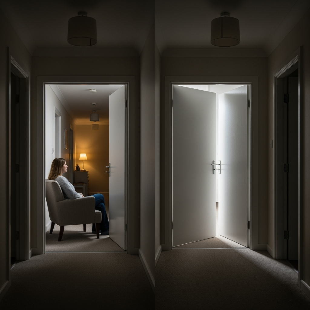 A parent sits patiently in a chair in the hallway outside a nursery door, listening during a sleep training interval.