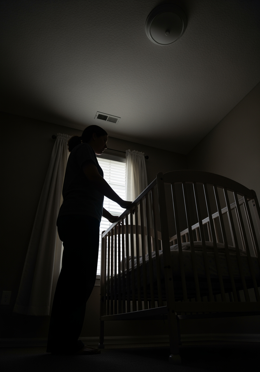 A parent stands calmly by a crib at night, representing a patient strategy for handling night wakings.