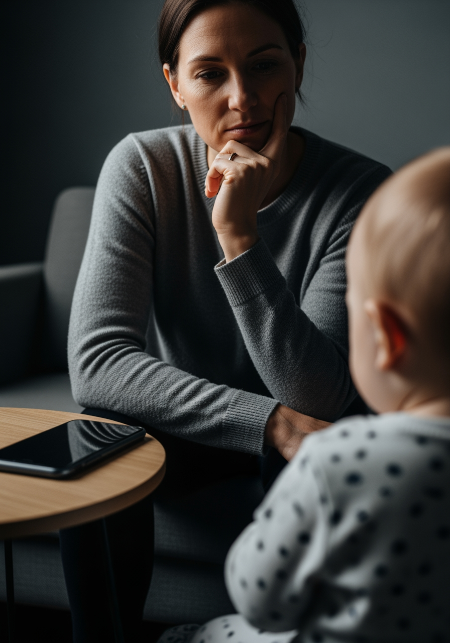 A parent's face in thoughtful contemplation, with a phone resting on a table nearby, suggesting a decision to call a doctor.