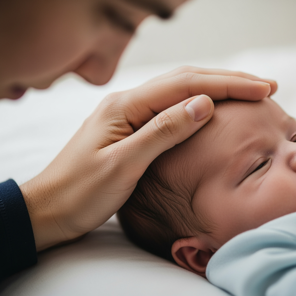 A parent's hand gently feels an infant's forehead to check for fever, distinguishing between flu and a cold.