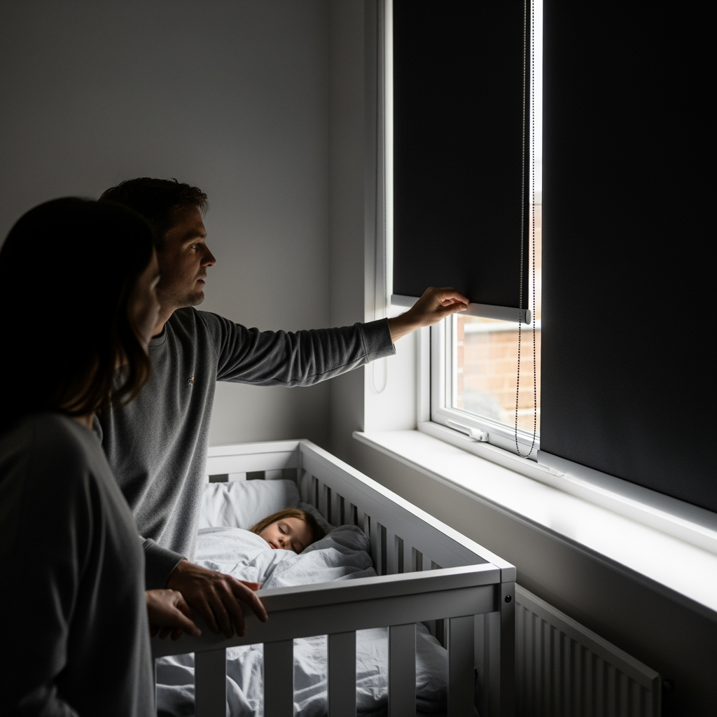 A parent's hand is shown adjusting blackout blinds, making a child's sunlit room dark in preparation for sleep.