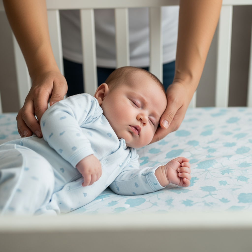 A parent's hands gently laying a sleeping baby down into a crib in a dimly lit room.