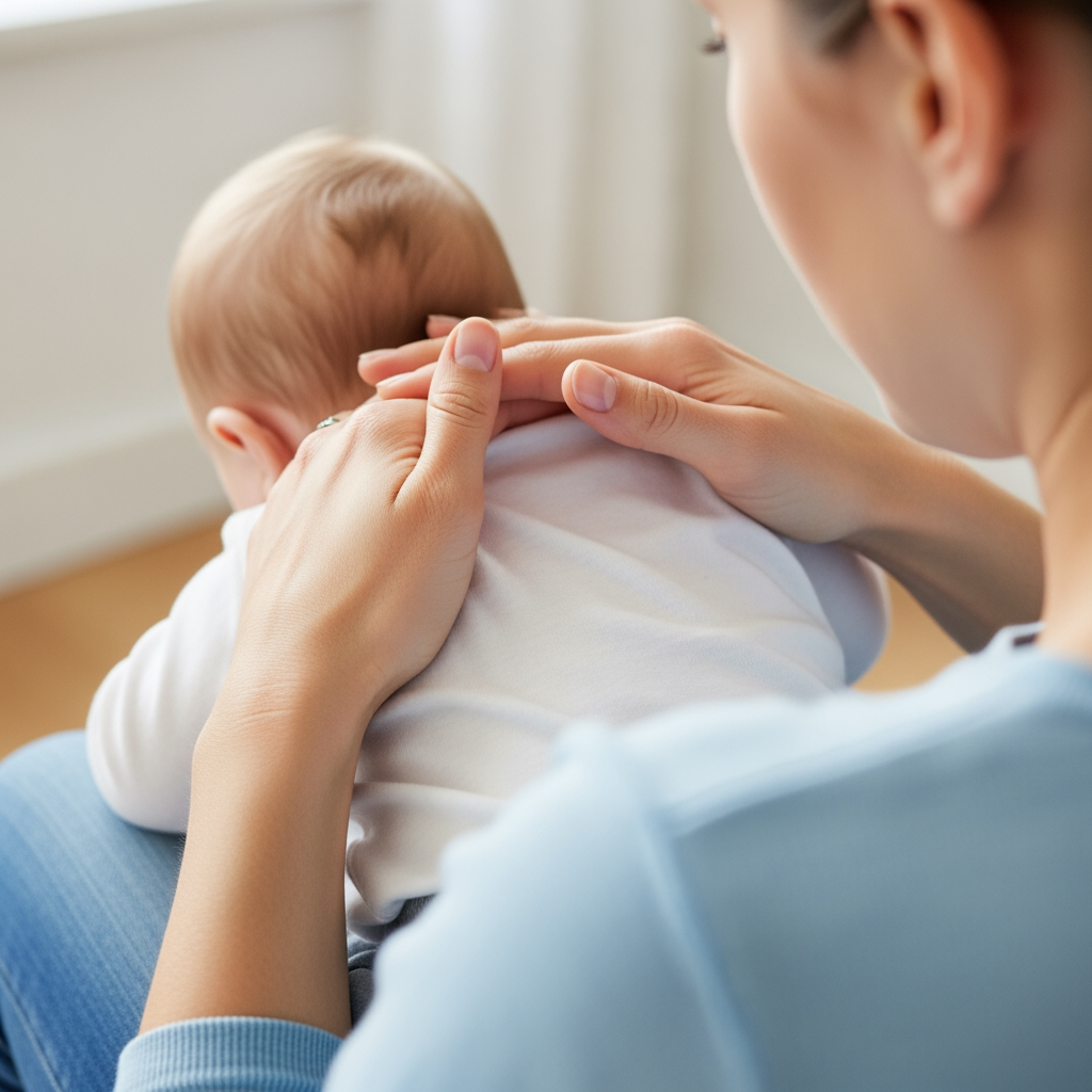 A parent's hands gently patting a baby's back, demonstrating a gentle soothing intervention.