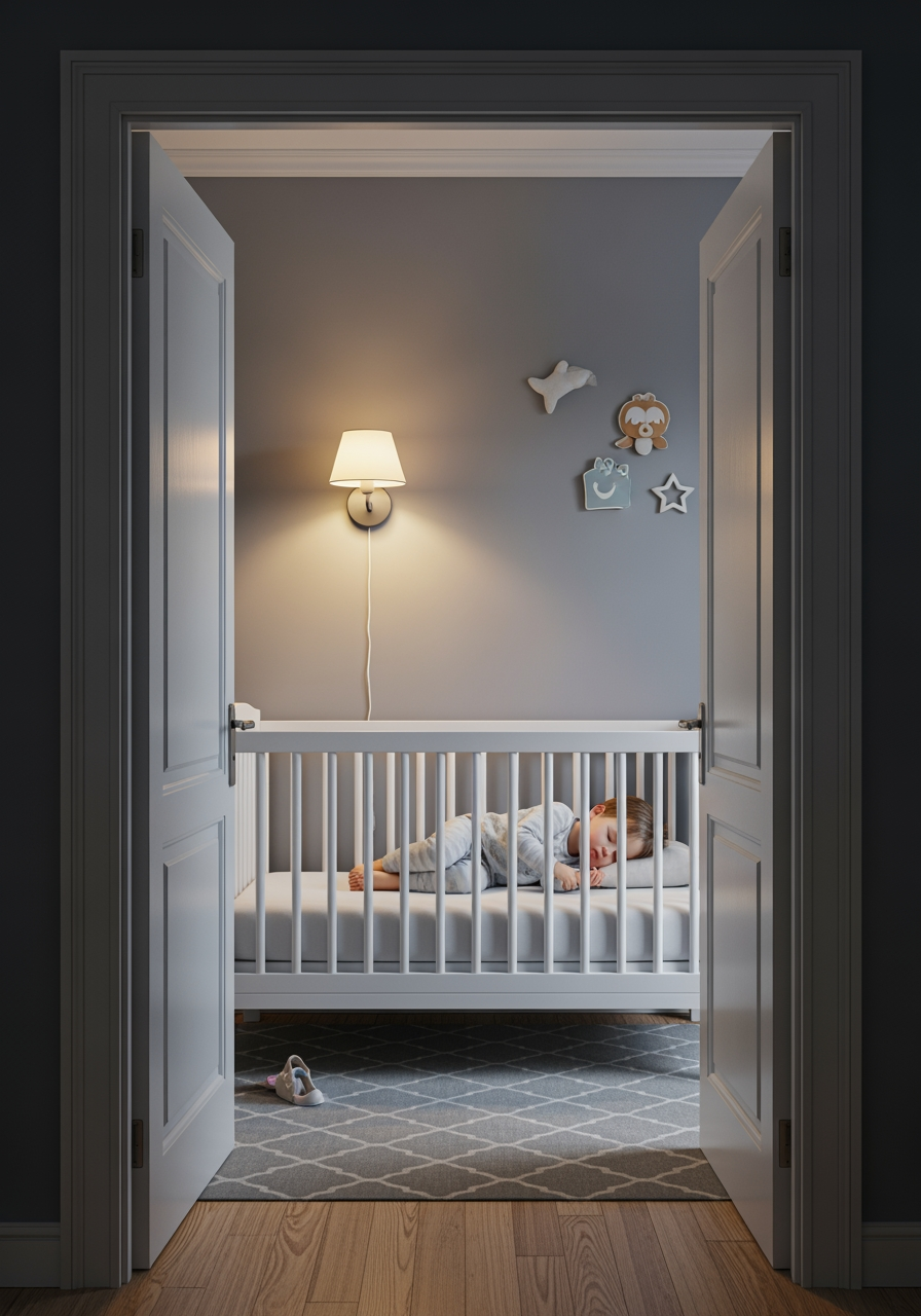 A peaceful 3D render seen from a doorway, showing a toddler sleeping soundly alone in their crib in a calm, tidy nursery.