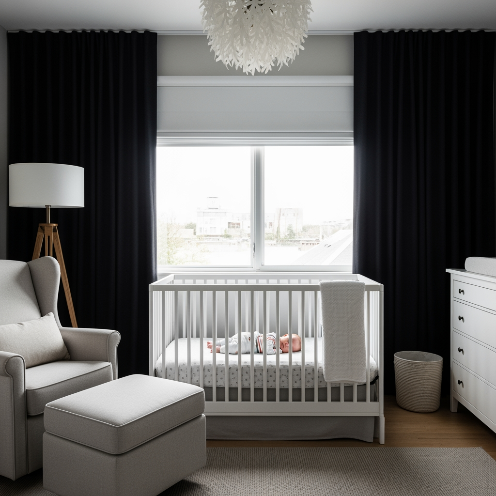 A peaceful, symmetrical view of an orderly nursery where a baby is soundly asleep in their crib midday.