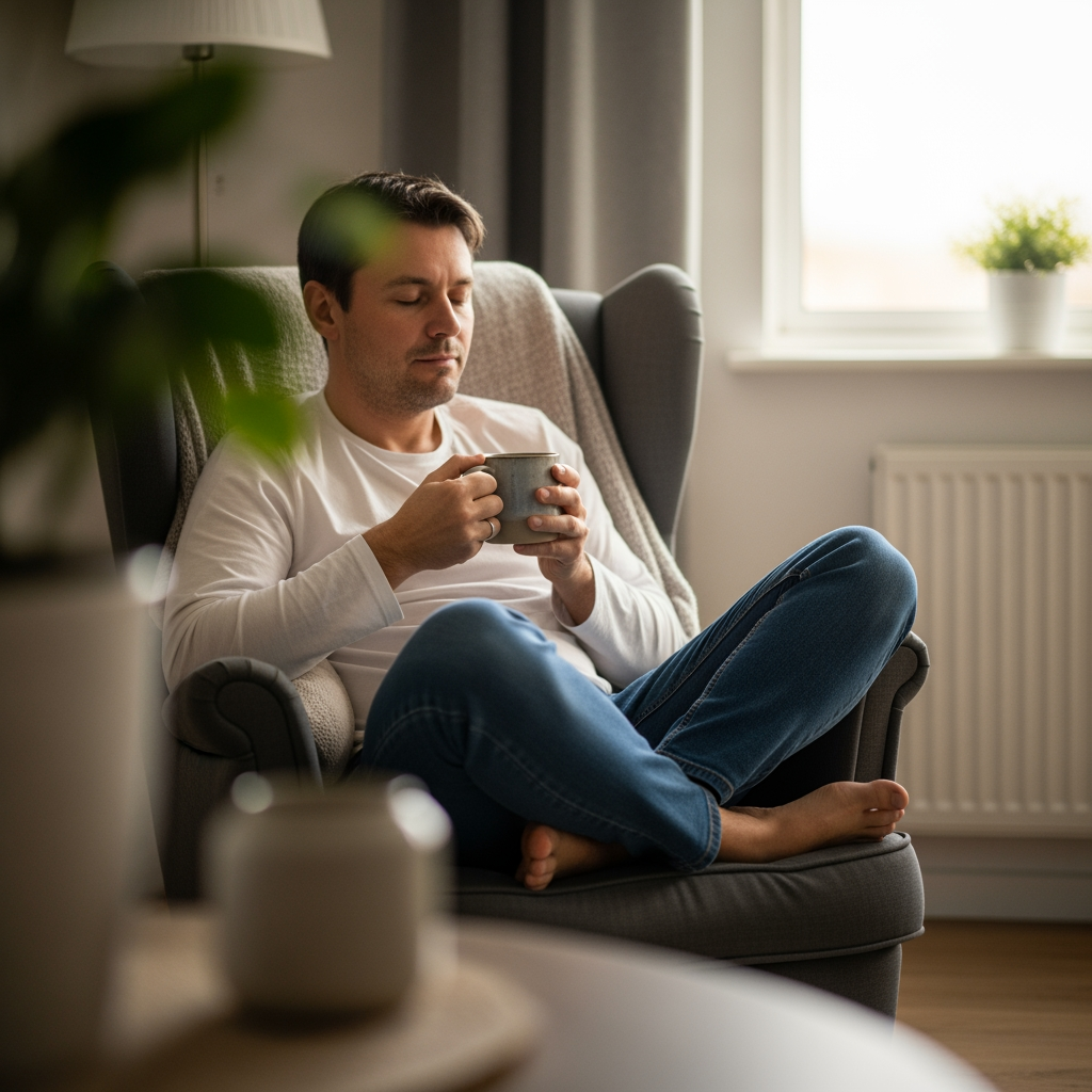 A relaxed parent sits in an armchair with a mug, enjoying a quiet moment in a sunlit room, looking refreshed and empowered.