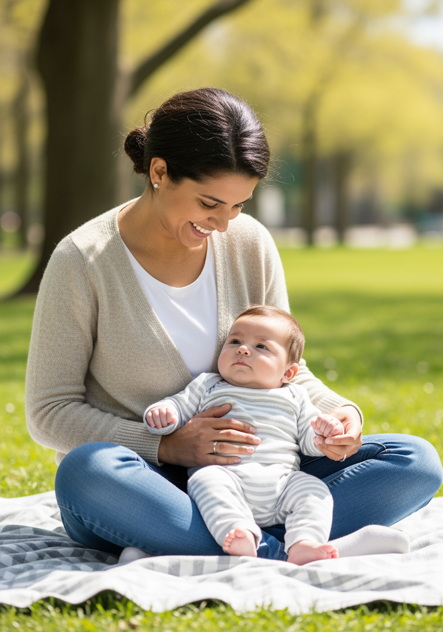 A smiling parent and a calm baby enjoy a sunny day together on a blanket in a park, representing peace after the colic phase.