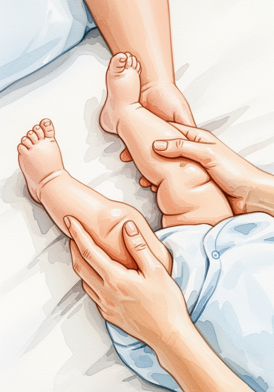 A soft watercolor illustration showing a close-up of a parent's hands gently massaging their baby's legs as part of a calm bedtime routine.