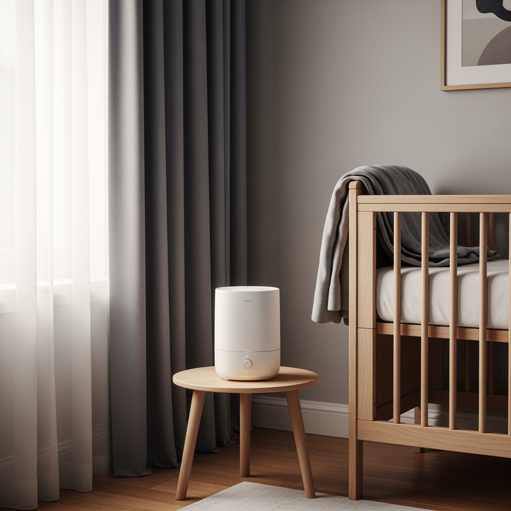 A symmetrical watercolor painting of a simple, modern white noise machine glowing softly on a table in a dark room.