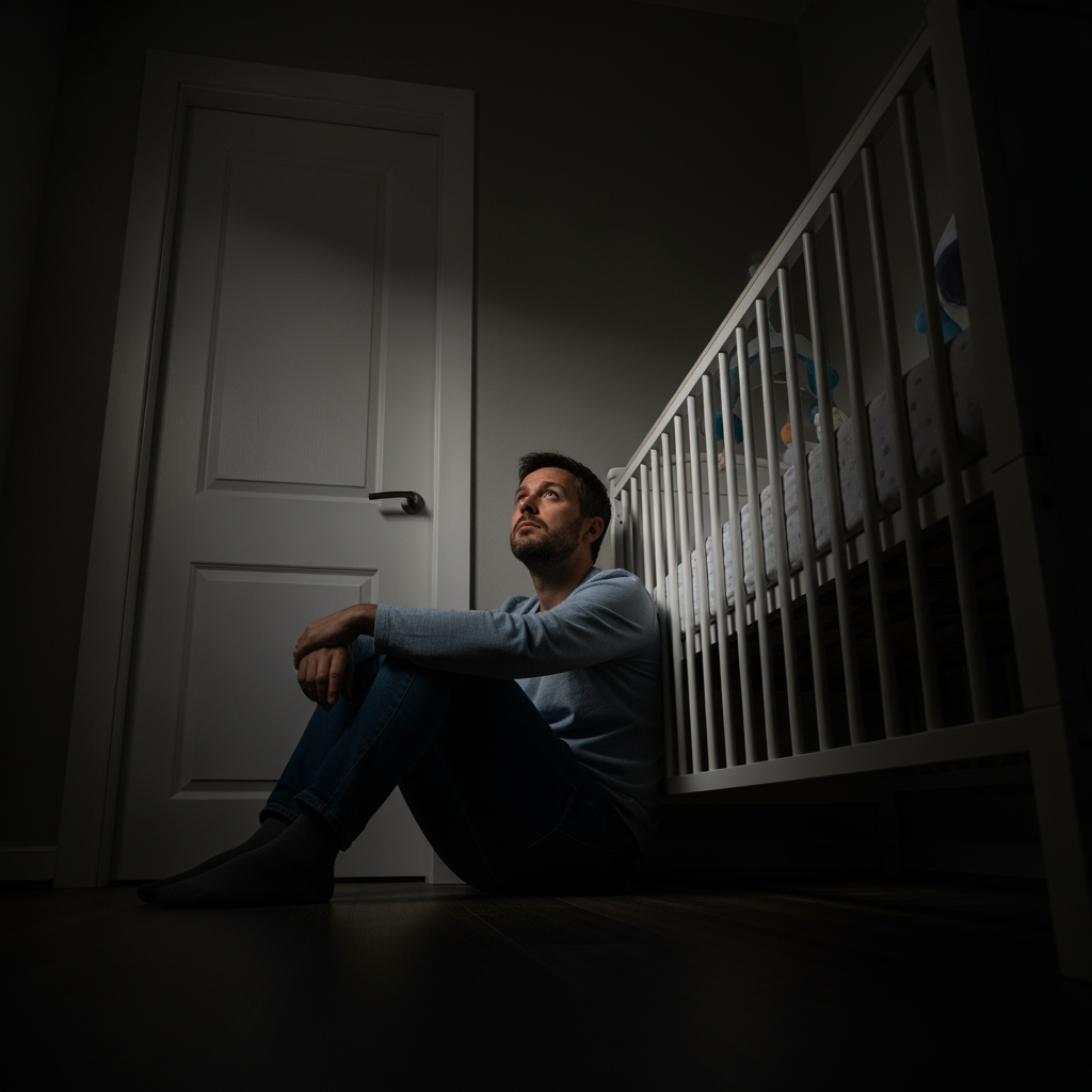 A tired but thoughtful parent sits on the nursery floor at night, contemplating the challenges of sleep training.