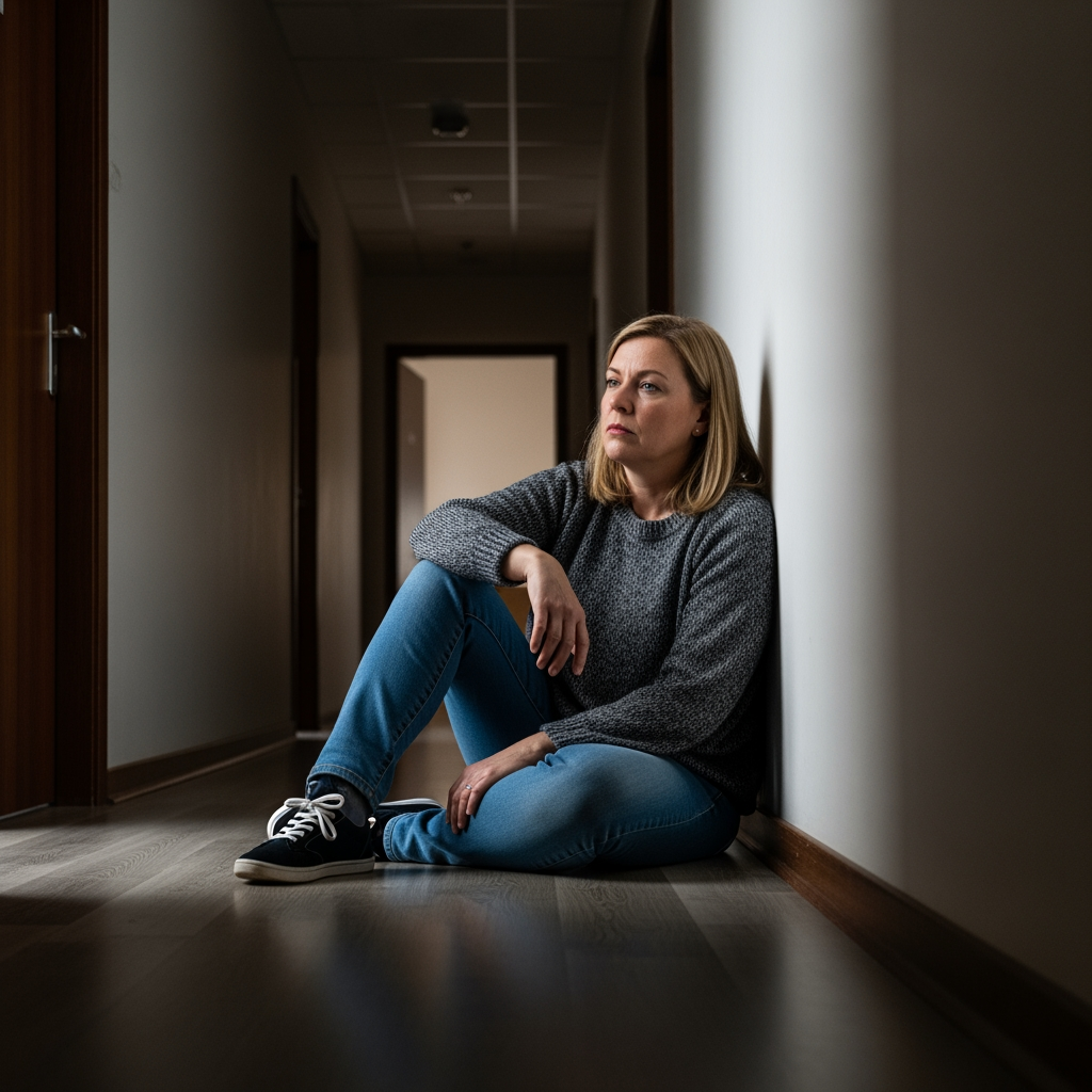 A tired parent sits on the floor in a hallway at night, looking resilient while troubleshooting a sleep training challenge.
