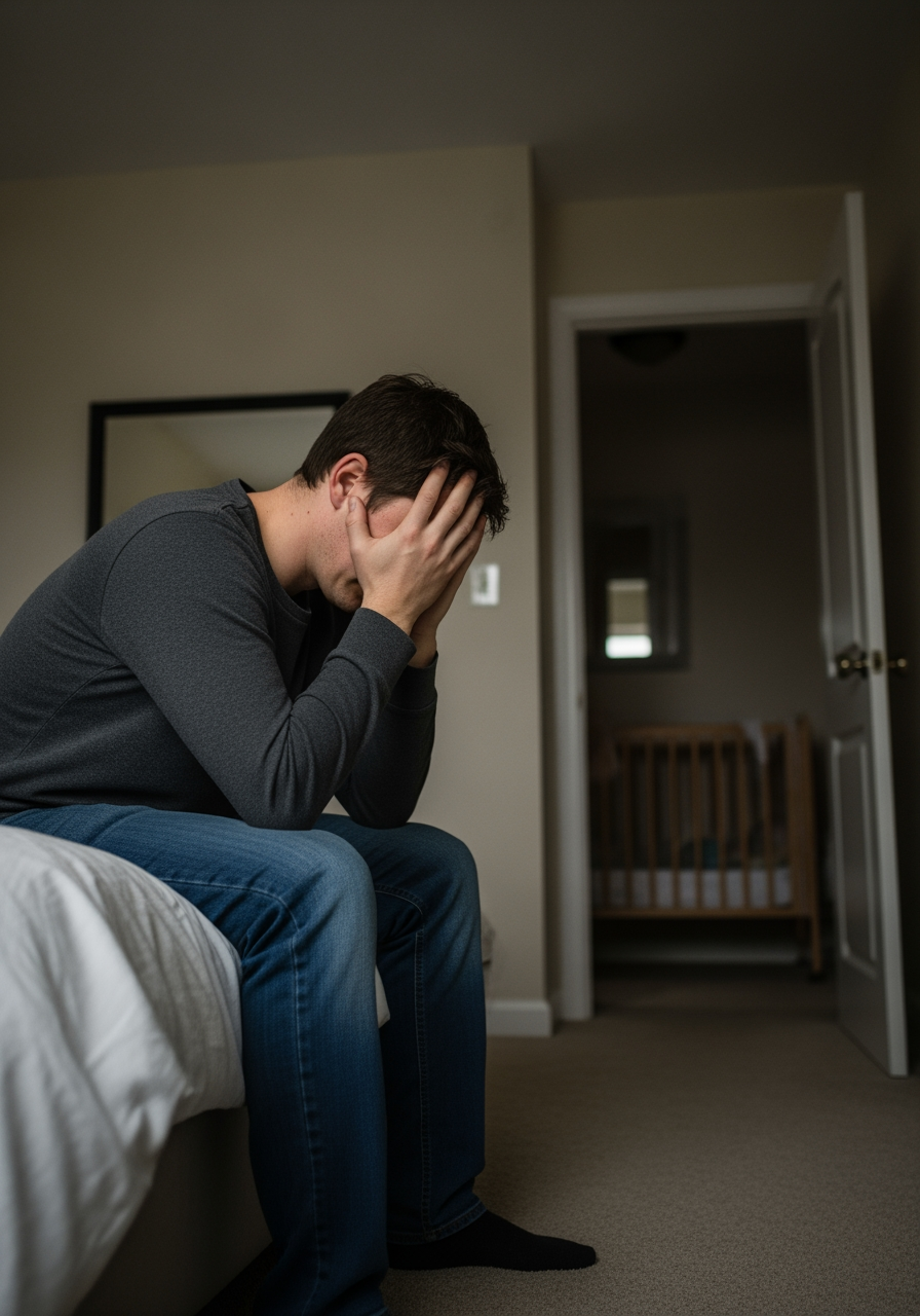 A tired parent sitting on their bed in a dimly lit room, contemplating the challenges of sleep training.