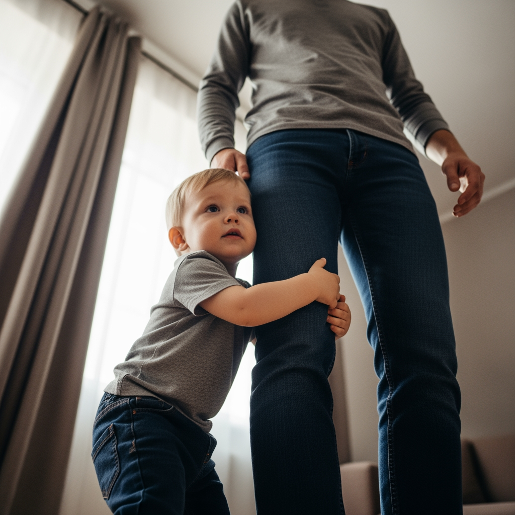 A toddler clings to a parent's leg, viewed from a low angle, illustrating separation anxiety as a reason for resisting bedtime.