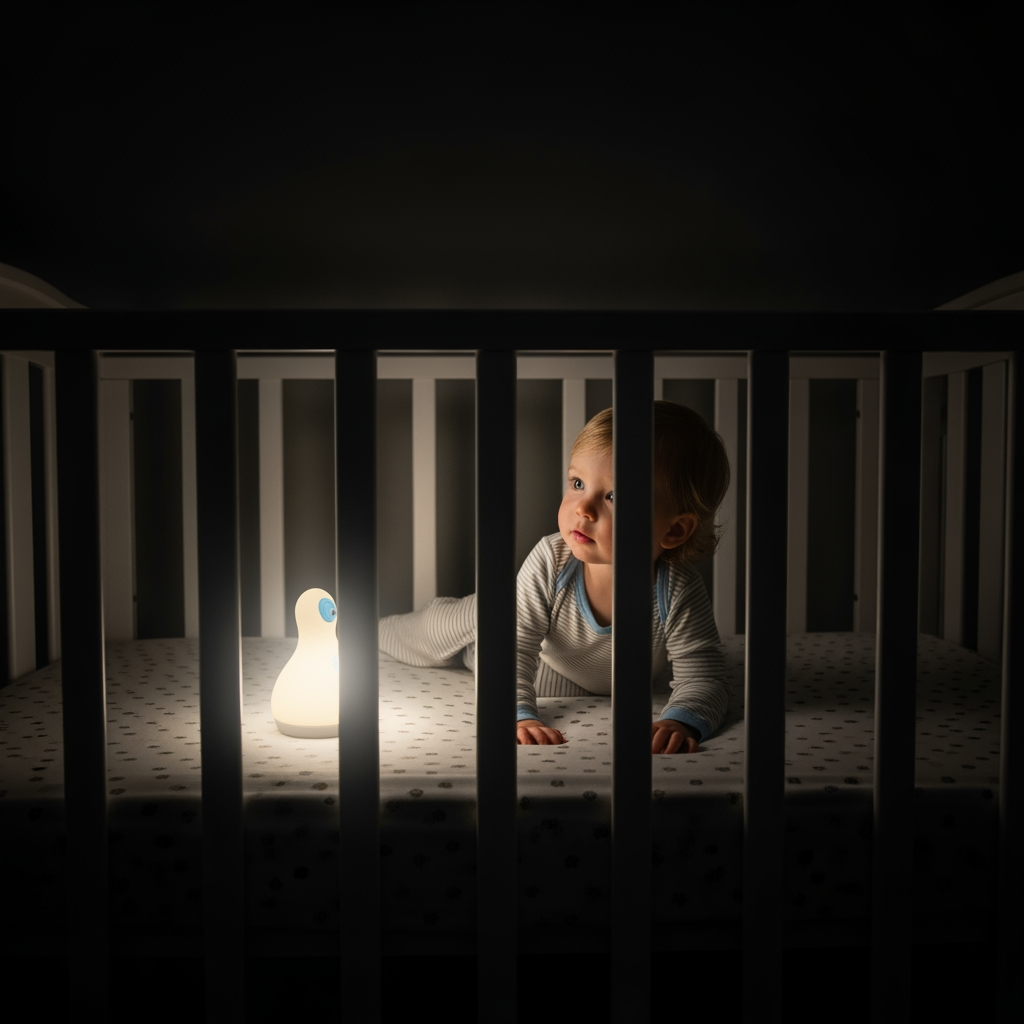 A toddler is seen wide awake and alert in their crib in an otherwise dark room, viewed from an eye-level perspective.