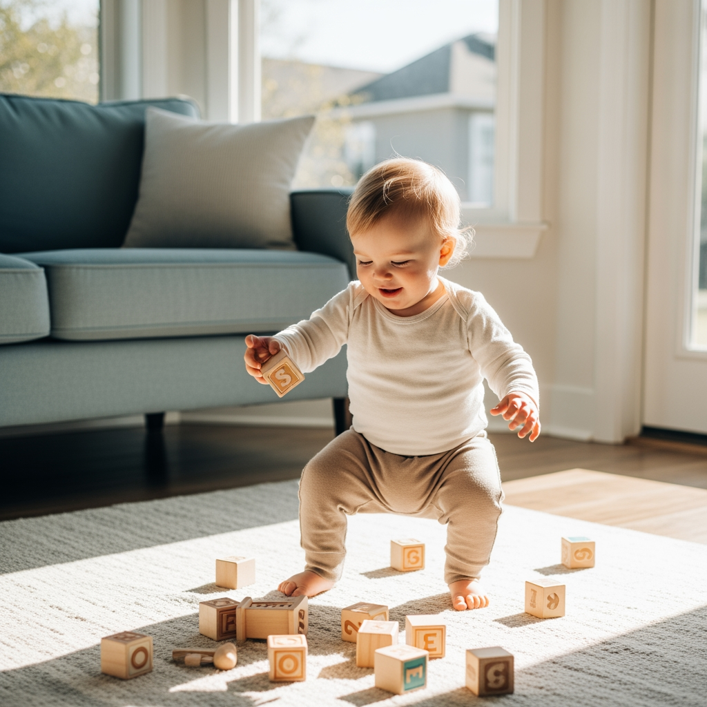 A toddler plays happily with wooden blocks on the floor during the day, representing an active wake window.