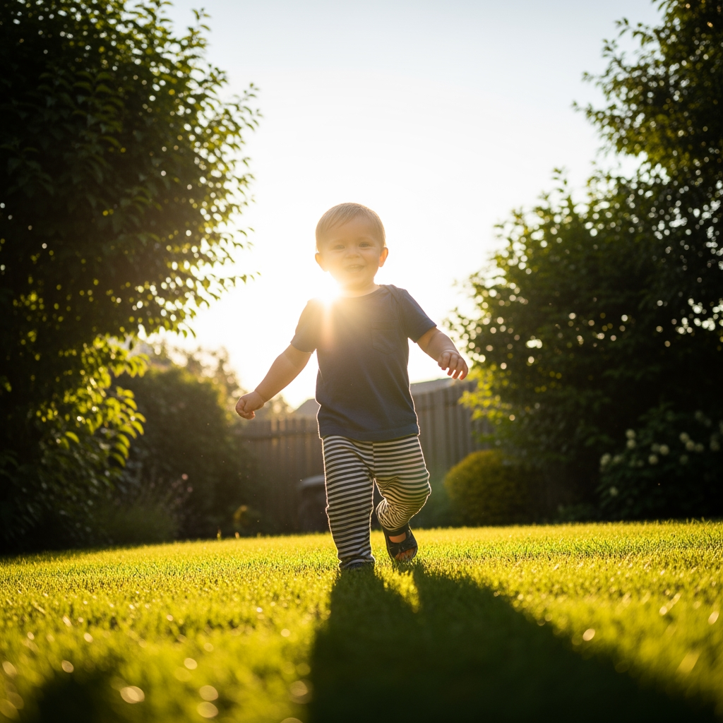 A toddler runs energetically in a sunny backyard, shot from a low angle to capture the motion and bright sunlight.