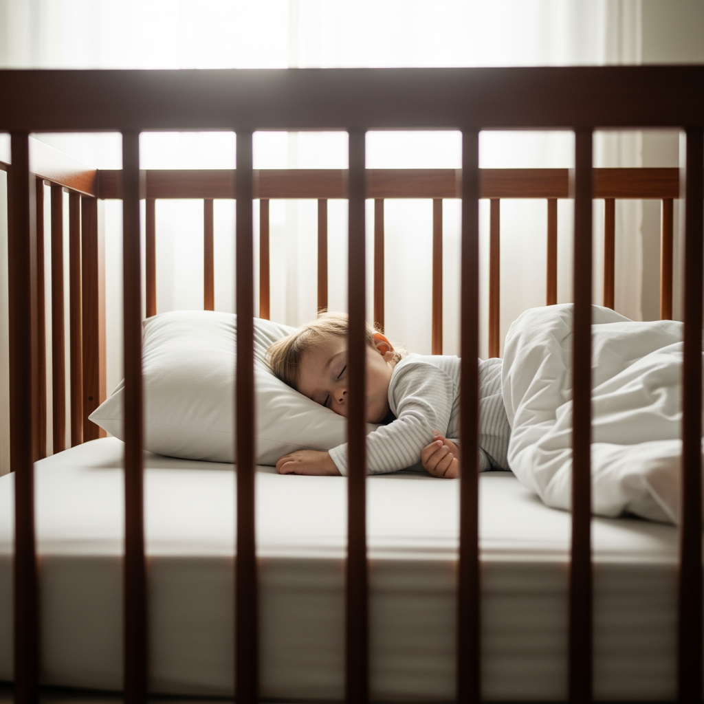 A toddler sleeps peacefully in their crib in the bright morning light, signaling the end of the sleep regression.