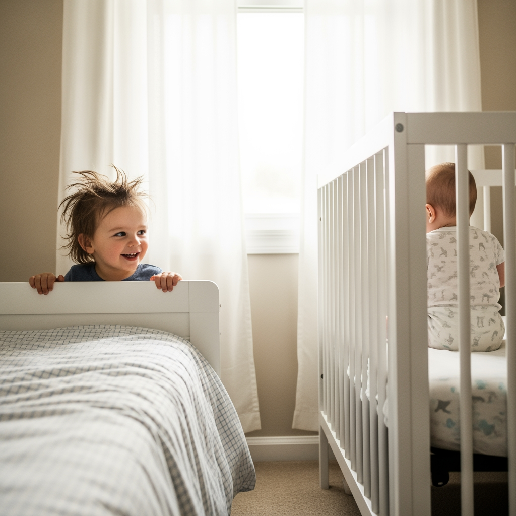 A toddler smiles from their bed at a baby waking up in a nearby crib, sharing a happy moment in the morning light.