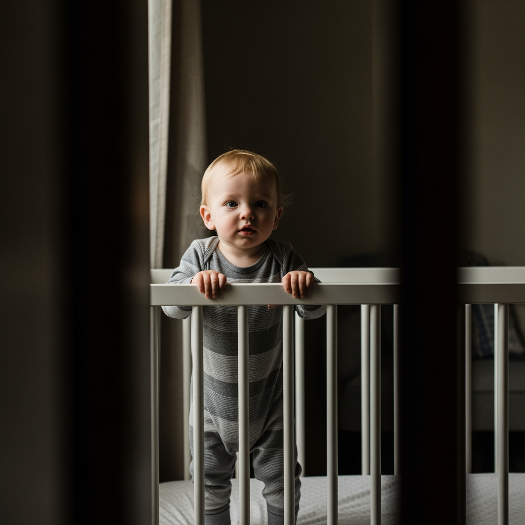 A toddler stands awake and restless in their crib at night, a key sign of the 18-month sleep regression.