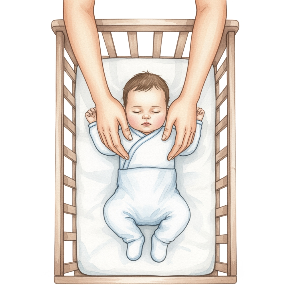A watercolor illustration centered on a parent's hands gently placing a drowsy baby into a crib, representing a gentle sleep alternative.