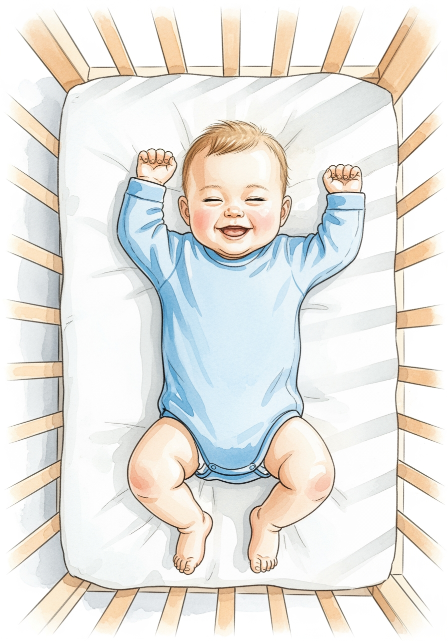 A watercolor illustration from above shows a happy baby waking up in its crib, symbolizing the success of a consistent sleep plan.