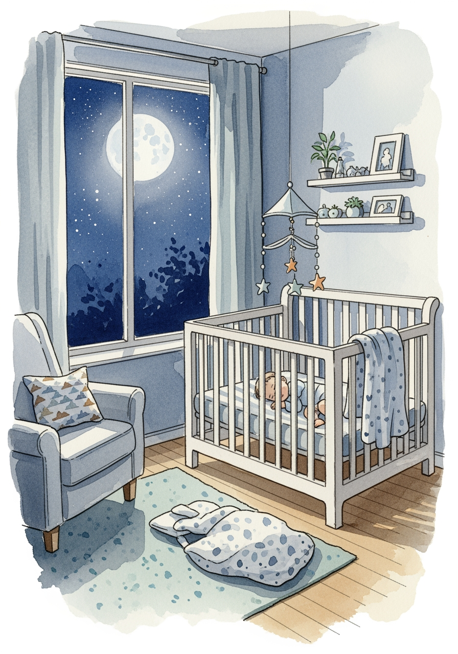A watercolor illustration of a baby sleeping peacefully in a serene, moonlit nursery, symbolizing a successful night's sleep.