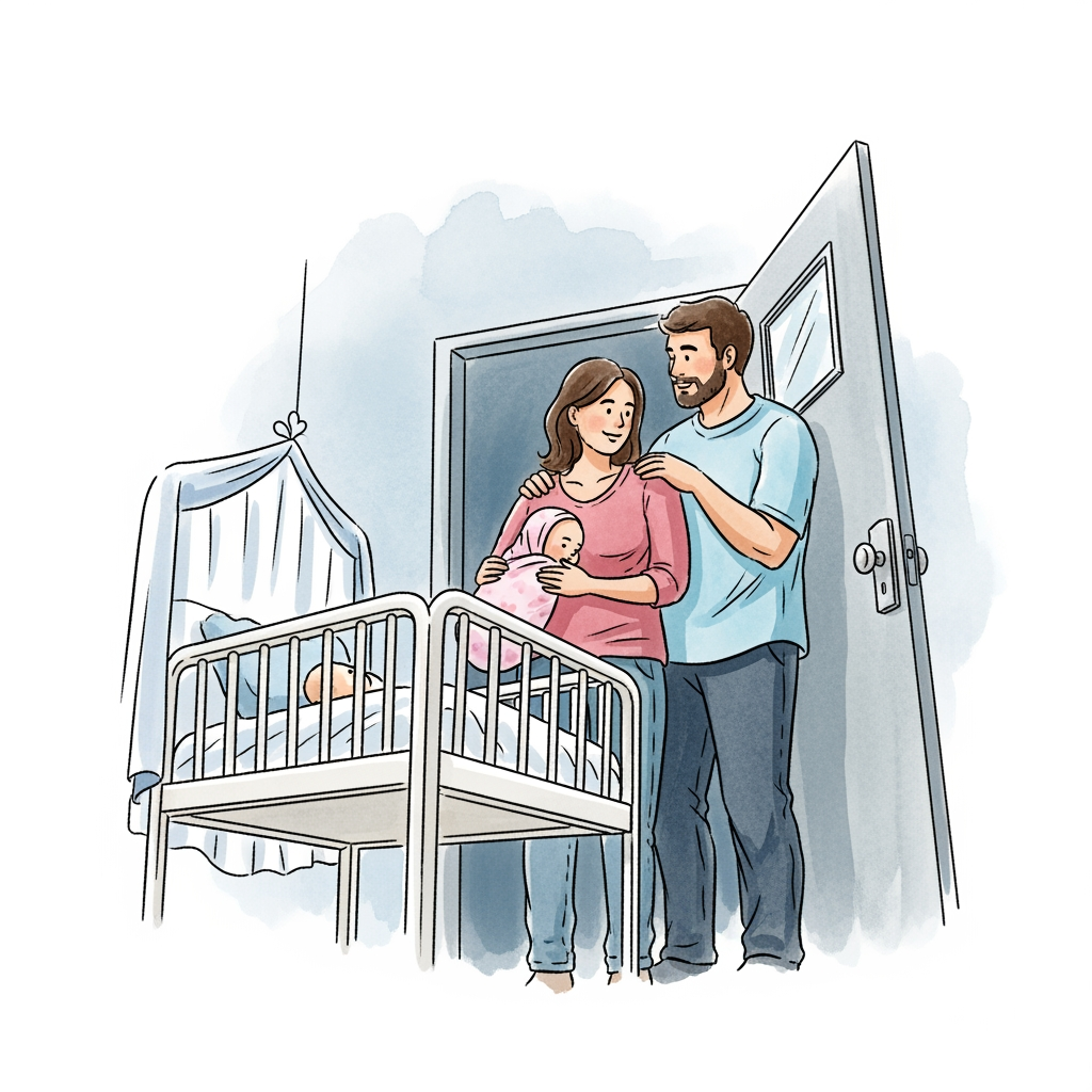 A watercolor painting from a low angle showing two parents supporting each other, symbolizing staying the course during sleep training.