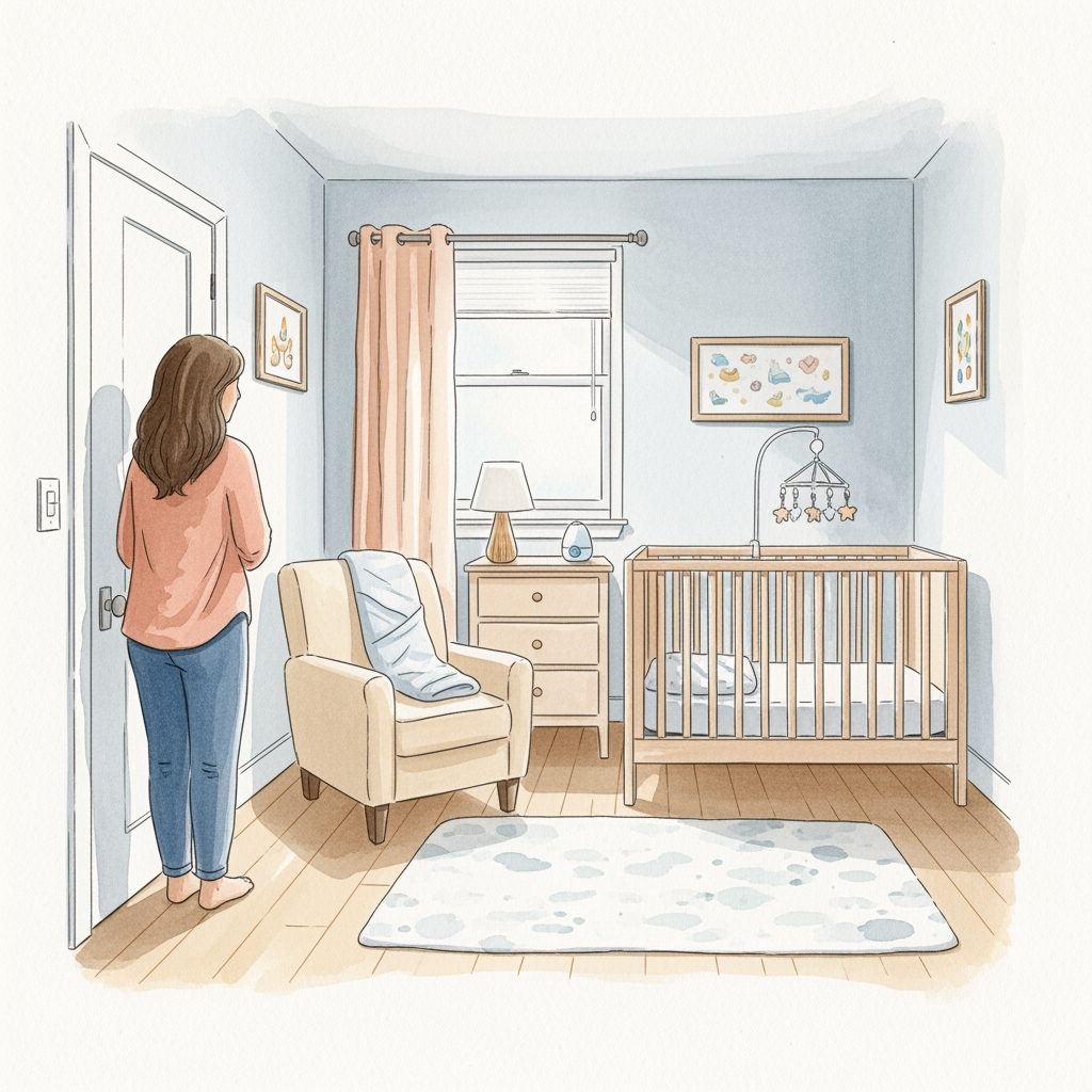 A watercolor painting of a parent looking thoughtfully into a prepared nursery, symbolizing the choice of a gentle sleep method.