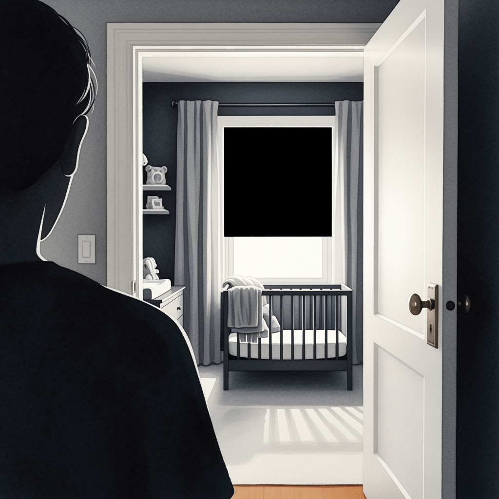 A watercolor view from a doorway, showing a parent looking into the completed dark and quiet nursery sanctuary.