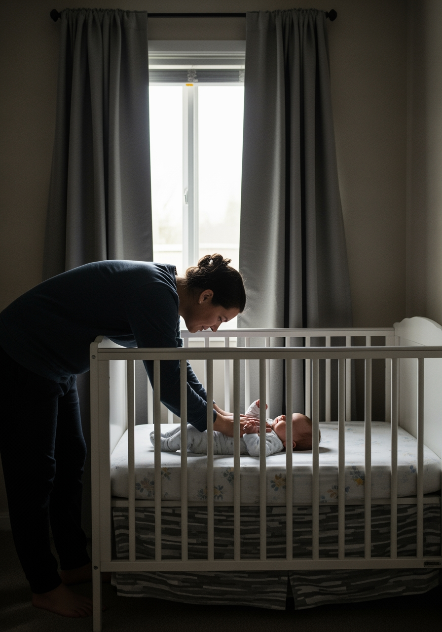 A wide, candid photo of a parent comforting a baby in their crib at night, navigating a night waking with gentle reassurance.