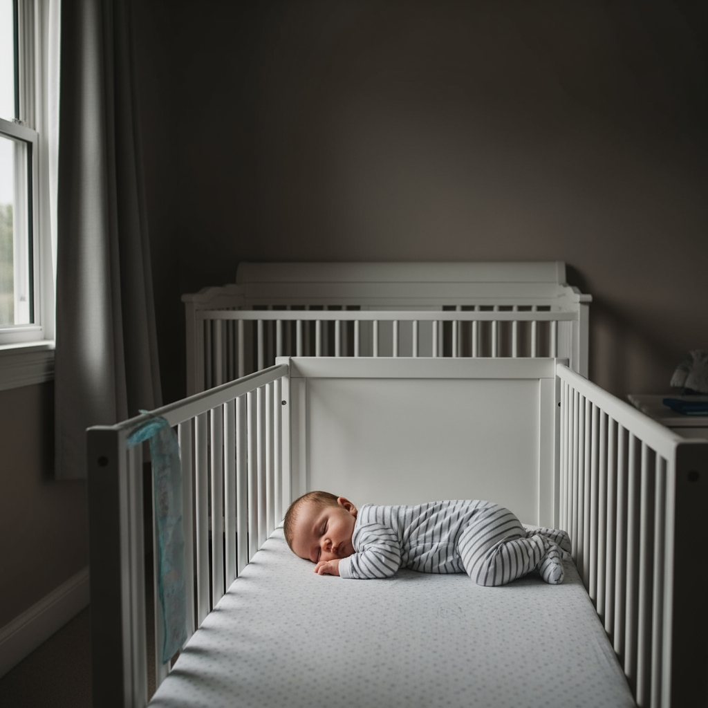 A wide shot of a baby sleeping peacefully in their crib in a calm nursery, the successful result of gentle nap interventions.