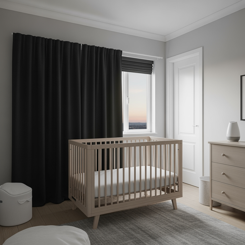 A wide view of a calm, clean, and organized nursery, prepared for a baby's bedtime.
