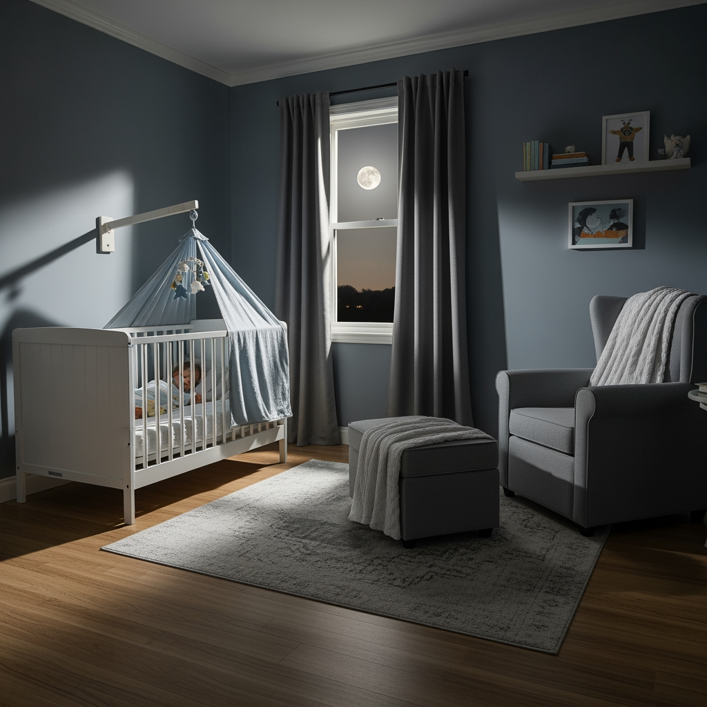 A wide view of a peaceful, moonlit toddler's bedroom with the child sleeping soundly, representing a successful night.