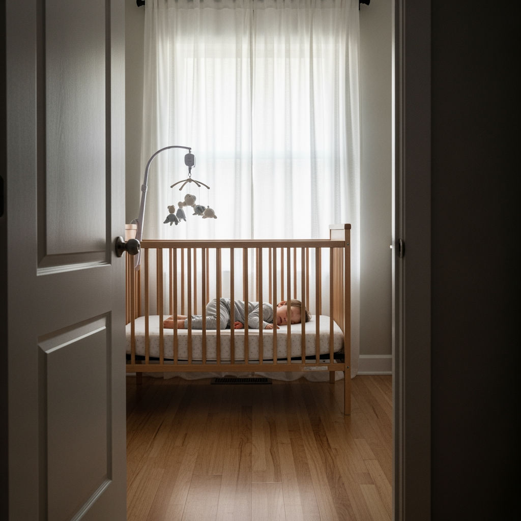 A wide view of a tranquil nursery where a toddler is sleeping soundly in the morning, signifying a successful outcome.