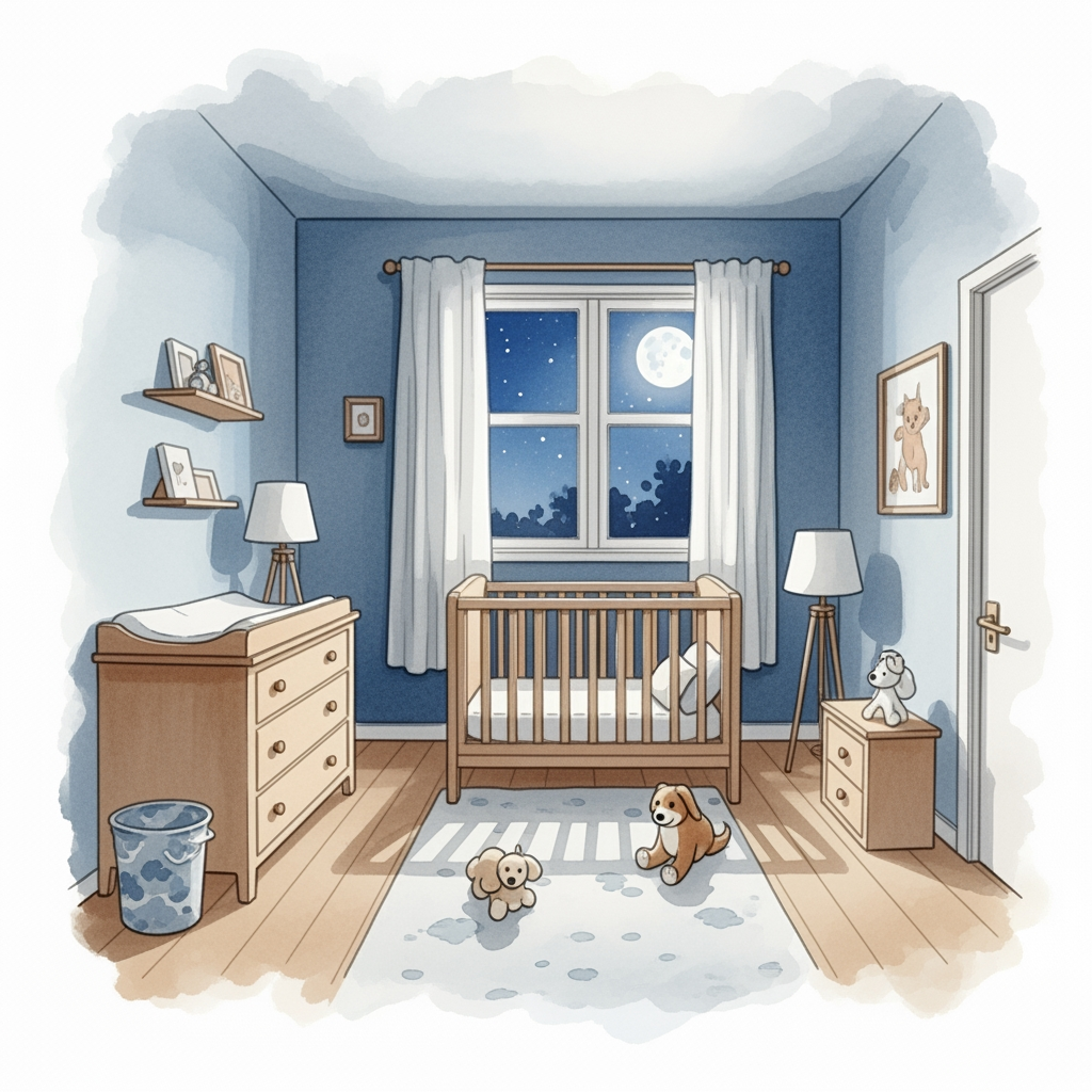 A wide watercolor view of a serene and quiet nursery at night, representing the peaceful nights achieved after sleep training.