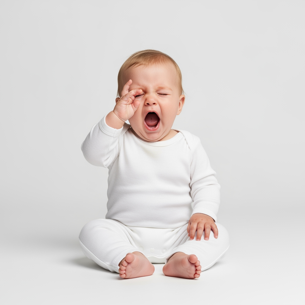 An eye-level shot of a baby sitting up and giving a large yawn, an active cue for sleepiness.