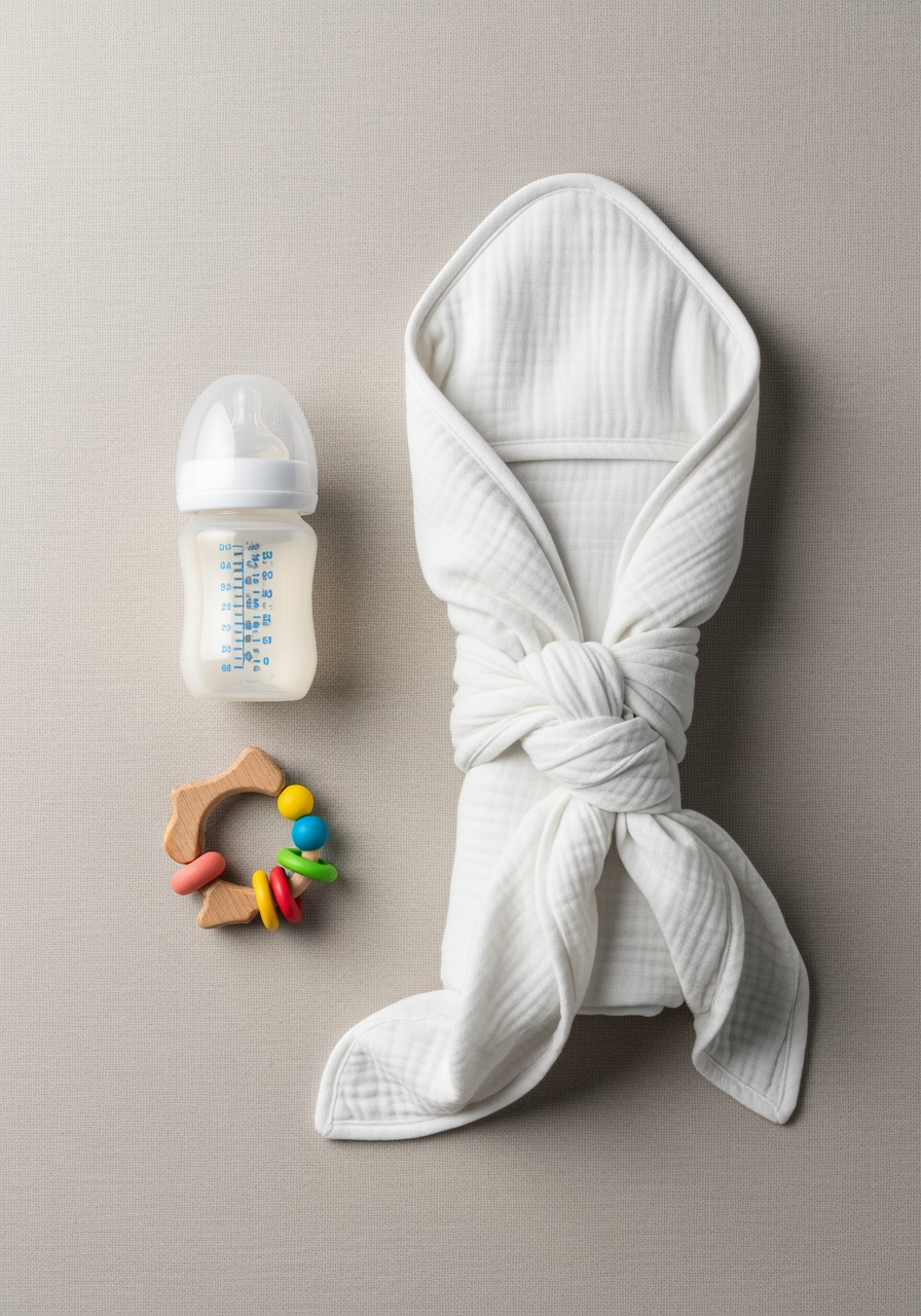 An overhead shot of a baby bottle, a toy, and a swaddle, representing the Eat-Play-Sleep cycle.