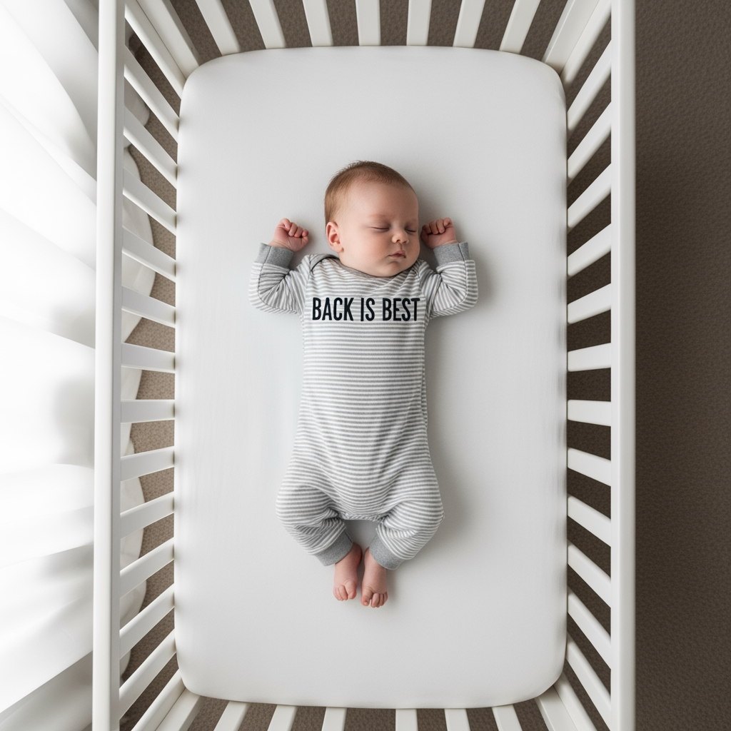 An overhead view of a baby sleeping safely on its back in an empty crib, illustrating the non-negotiable rule of safe sleep.