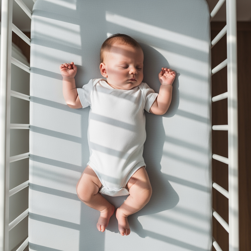 An overhead view of a baby sleeping soundly and peacefully in their crib.
