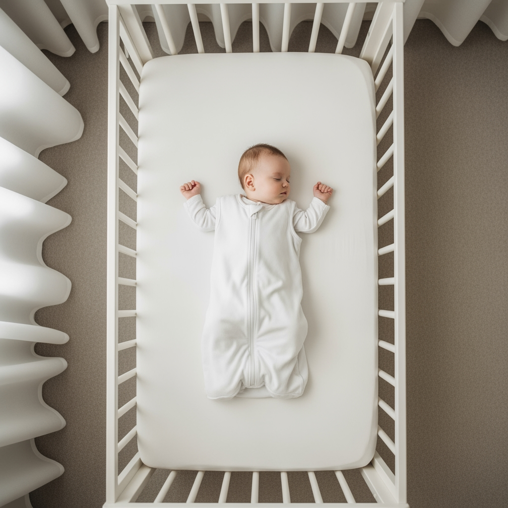 An overhead view of a baby sleeping soundly on their back in a safe, empty crib.