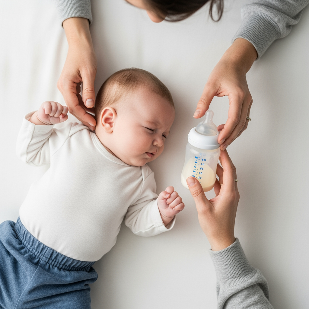 An overhead view of a baby turning its head away from a bottle offered by a parent's hand, showing cue confusion.