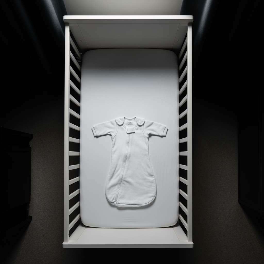 An overhead view of a calm, dark nursery with a neatly prepared crib, representing a perfect sleep environment.