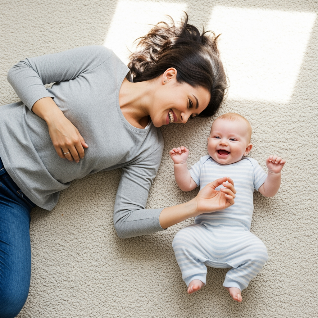 An overhead view of a happy parent and baby playing on a rug in the morning sun, showing the positive result of a sleep reset.
