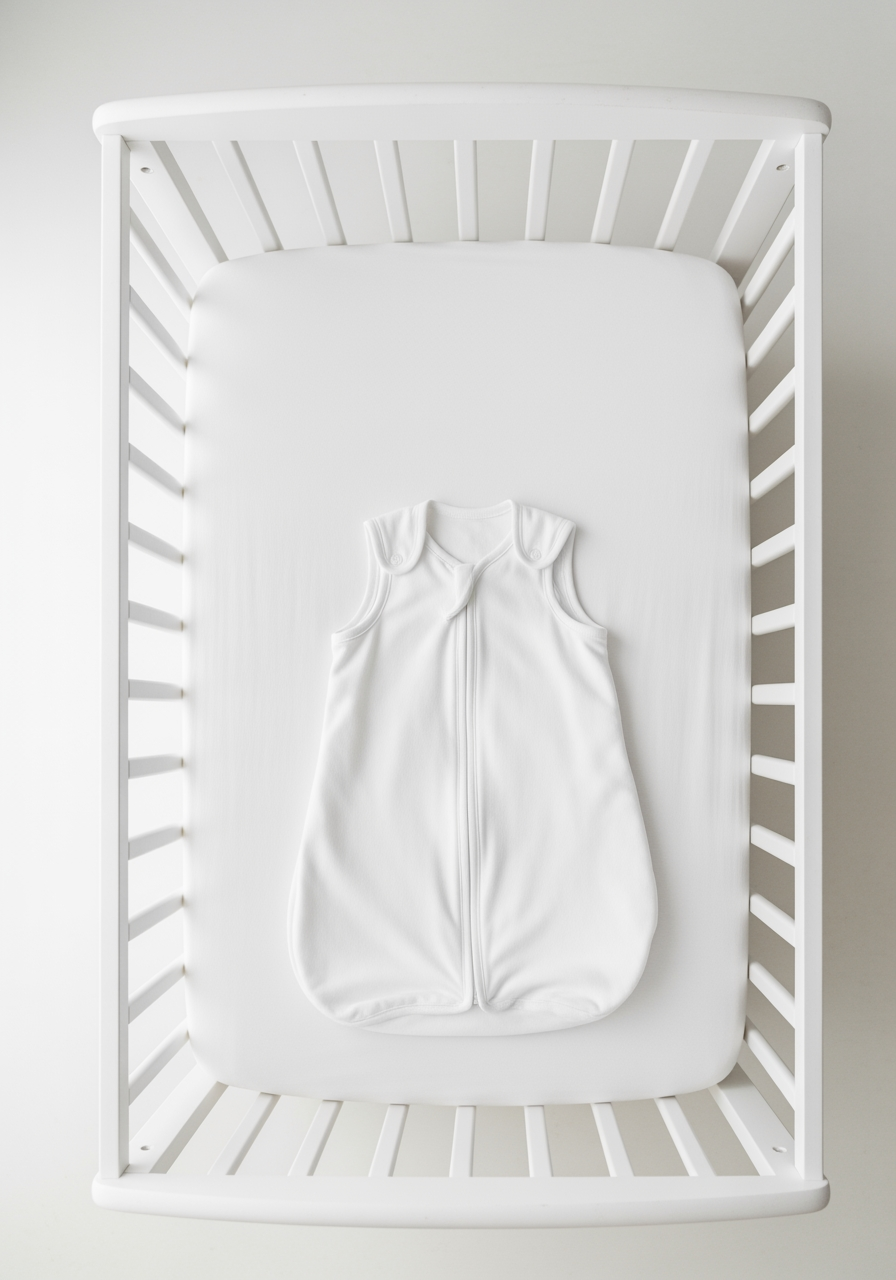 An overhead view of a minimalist baby crib, perfectly prepared with a fitted sheet and a sleep sack, representing a safe sleep environment.